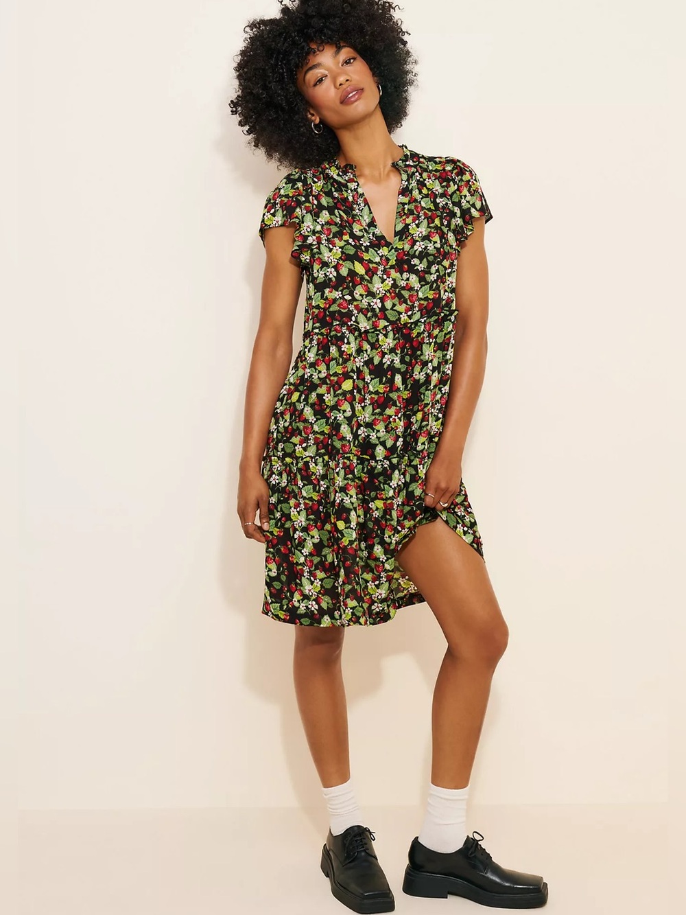 Anthropologie Ruffle-Sleeve V-Neck Mini Dress in Strawberry Print